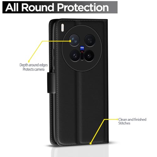 Image of Amazon Basics Flip Cover for Vivo X300 Pro 5G Leather Finish | Wallet Stand and Shock Proof | Inside TPU with Card Pockets | Complete Protection Flip Case (Black)