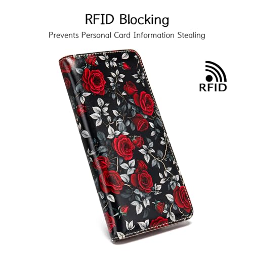Image of Ultra Slim Thin Leather Women Wallet Rfid Blocking Credit Card Holder Bifold Clutch (Roses)