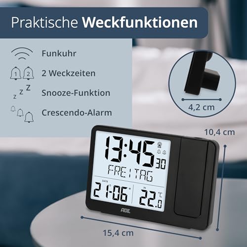 ADE Digitaler Funkwecker mit Projektion und Außensensor | Projektionswecker mit 2 Weckzeiten | Uhr mit Temperaturanzeige, Datum und Wochentag | inkl. Netzkabel | schwarz