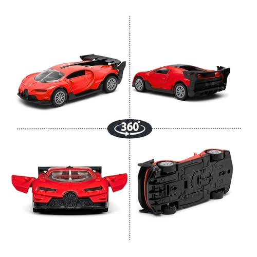 Image of Bugatti Die Cast 1:32 Scale Metal Pull Back Car with Openable Doors | Premium Alloy Toy Vehicle for Kids Boys Girls | Realistic Mini Racing Model Car | Durable Collectible Gift Red