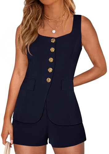 PRETTYGARDEN Womens 2 Piece Matching Sets 2026 Fashion Button Down Suit Vest Tops Shorts Set Spring Business Casual Outfits (Navy Blue,Medium)