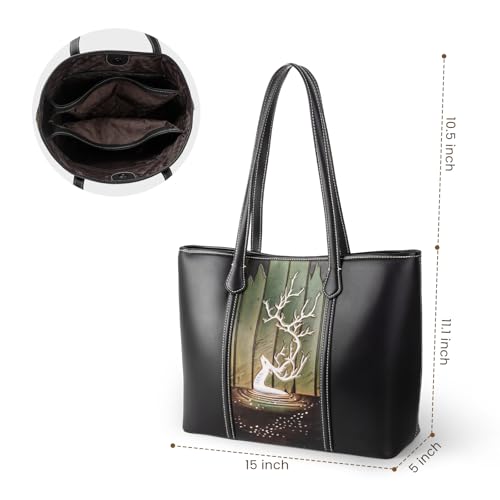ZHIYONG Soft Leather Tote Bag for Women with Leather Handles, Elegant Two-Way Handbag & Shoulder Bag, Spacious for Work, Travel, Shopping, and Casual Outings, Black with White Deer Design — view 4