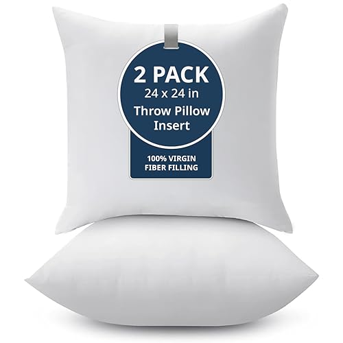 LANE LINEN 24x24 Pillow Inserts - Set of 2 Lightweight Down Alternative Square Pillows White Throw Pillows for Bed Decorative Pillows for Couch Bed Firm Pillows for Living Room