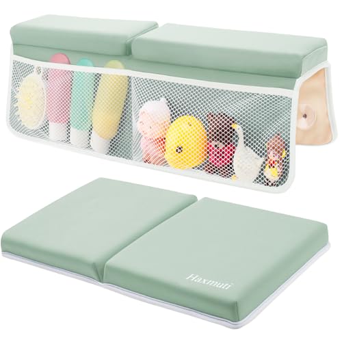 Image of Bath Kneeler and Elbow Rest Pad Set, Thick and Quick Dry Kneeling Pad Support for Knee and Arm, Extra Large Baby Bath Kneeler Pads Bathtub Mat with Toys Organizer for Baby Bath Time, Grey Green