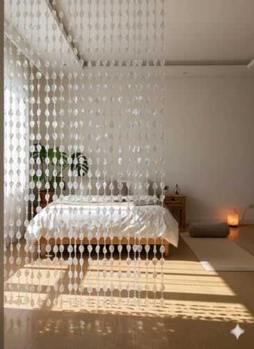 Image of Pomp & Romp Iridescent Crystal Beaded String Curtain, Decorative Door Window Divider with Rainbow Effect Acrylic Beads