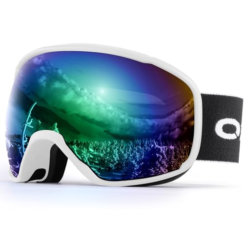 Odoland Snow Ski Goggles S2 Double Lens Anti-Fog OTG Windproof UV400 Eyewear for Men, Women and Youth-Skiing Snowboarding, White Frame Green Lens vlt 15%