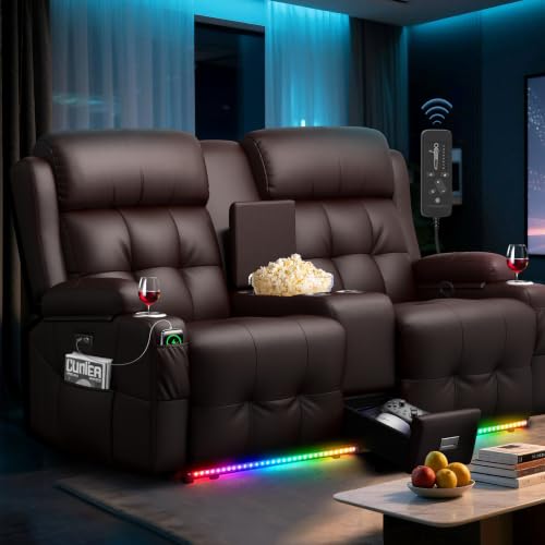 Image of Loveseat Recliner Sofa, Home Theater Seating with Massage, Reclining Loveseats with Console, Wall Hugger RV Couch Movie Theater Chairs, RV Furniture Sofas with USB, Cup Holders, Drawer for Gaming Room