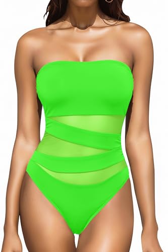 Image of Holipick Women Sexy One Piece Swimsuit Strapless Bathing Suits | Bandeau Neckline, Mesh Cutout Design, Push Up Removable Pads, High Cut, Removable Straps, Pool Beach Cruise Resort