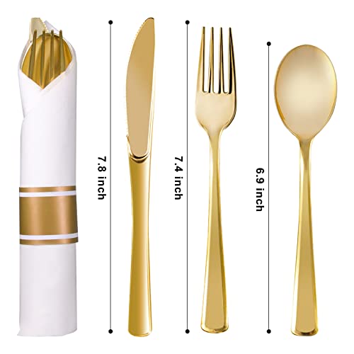 100Pack Gold Plastic Silverware With Pre Rolled Napkins - Disposable Wrapped Plastic Cutlery Set 100 Gold Forks, 100 Gold Knives, 100 Gold Spoons, 100 Napkins, Plastic Utensils For Party, Wedding #TOP1