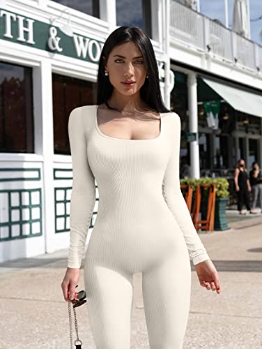 Oqq Women's Yoga Ribbed One Piece Jumpsuits Ribbed Workout Rompers Long Sleeve Exercise Jumpsuits Beige #TOP1