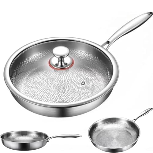 Titanium Frying Pan, Titanium Hammered Pan Pro with Lid, 2025 Ultra-Durable Scratch-Resistant Non Stick Ti Nutri Pans for Cooking, Induction Compatible (L: 11.02in)