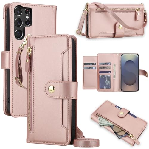 YocoverTech for Samsung S26 Ultra 5G Flip Case Wallet with RFID Blocking,7 Card Holders,PU Leather Magnetic Snap Zipper Purse Strap Lanyard Phone Cover for Galaxy S26 Ultra 5G-Rose Gold