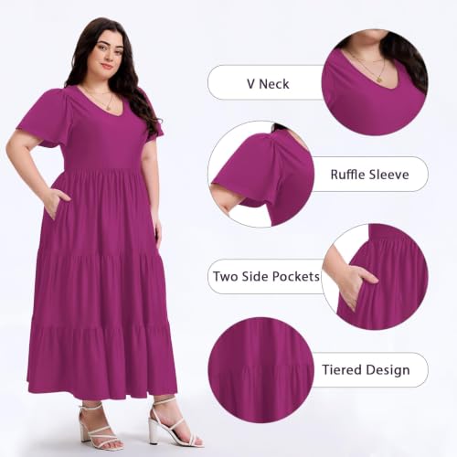 Image of Women's Plus Size Summer Dresses Floral Casual Tiered Midi Dresses V-Neck Short Sleeve Long Maxi Dress with Pockets