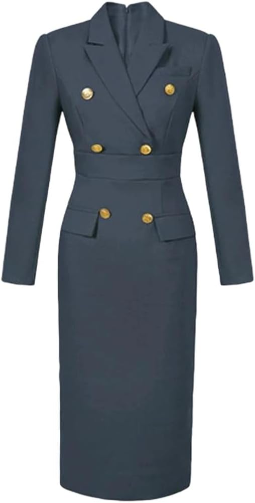 Women's Double Breasted Robe Dress Long Sleeve Slit Elegant Professional Business Office Lady Work Attire