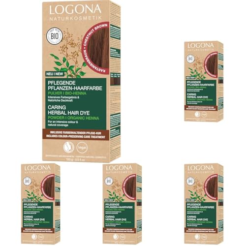 LOGONA Naturkosmetik Pflegende pflanzliche Haarfarbe, Veganes Haarfarbe-Pulver mit Bio-Henna für intensive Farbe und Glanz, Pflanzenhaarfarbe in Kastanienbraun (Braun), 1 x 100g (Packung mit 5)