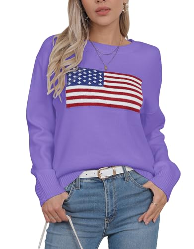 Image of Womens American Flag Sweater Long Sleeve Crew Neck Knitted Casual Pullover Sweater (Purple, Medium)