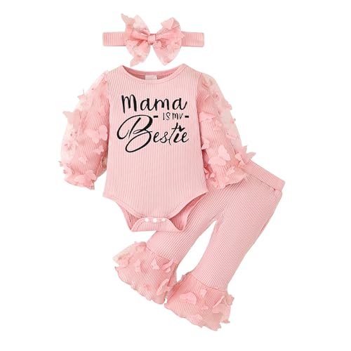 Image of CETEPY Baby Girl Clothes Newborn Outfits 3D Butterfly Long Sleeve Romper Flare Pants with Bow Headband Set 0-18 Months