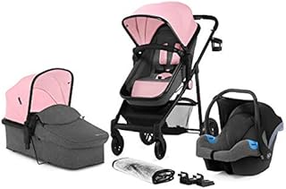 Kinderkraft Pram 3 in 1 Set JULI, Travel System, Baby Pushchair, Rear and Front Facing, Foldable, with Infant Car Seat, Accessories, Footmuff, Cupholder, from Birth to 3 Years, Pink