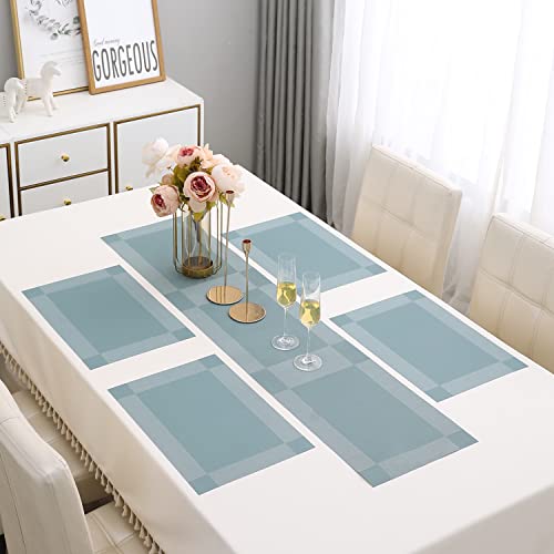 Image of HOKIPO Pvc Placemats With Table Runner For Dining Table 4 Seater (Ar3127), Blue