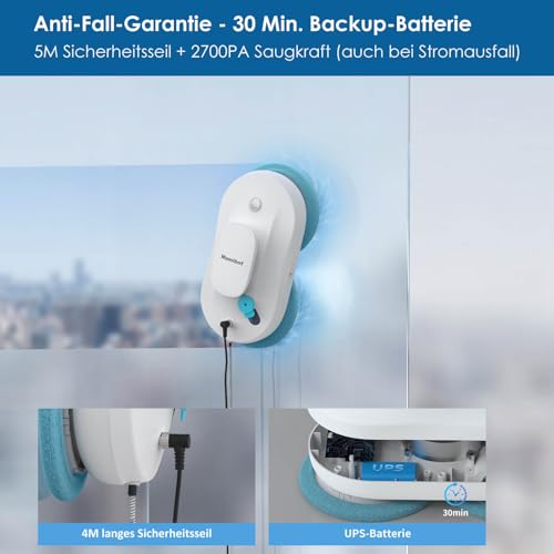 Mamibot W110-P Fensterputzroboter, automatischer intelligenter Navigations-Staubsauger Anti-Drop, mit APP und Fernbedienung, für Glas, Fliesen, 12 Stück Tücher (Weiss) – Bild 3