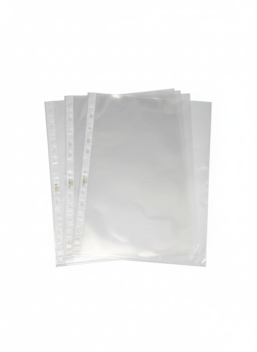 TULMAN A4 Size Transparent Document Sleeves, 50 Pcs, Heavy Duty Clear Sheet Protectors, 200 Microns, Plastic Leaf, Waterproof, 11-Hole Punched for Ring Binders & Files, Office & School Use