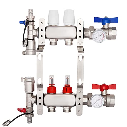 GAORUIFENG 2-Branch PEX Radiant Floor Heating Manifold 1/2" Pex Manifold with Flow Meters Stainless Steel Radiant Floor Manifold Set