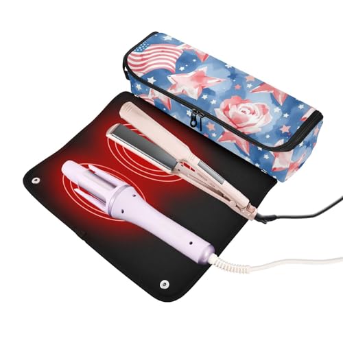 Organizador 2 en 1 para herramientas de cabello con almohadilla resistente al calor, soporte de viaje para planchas, rizadores y alisadores, con diseño de bandera en acuarela miniatura 2