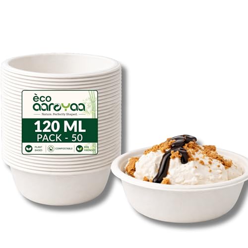 Image of Eco Aaroyaa Disposable Bagasse Bowls - 120 ML - Pack of 50 Biodegradable Disposable Bowls - Eco-Friendly Dip, Sauce, Chutney & Dessert Cups - Leak-Resistant Small Serving Bowl (Pack of 50)