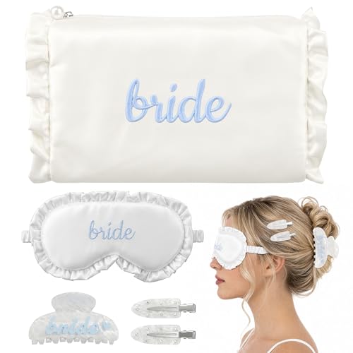 Bride to Be Gifts,4Pcs Bride Something Blue Gift Set with Makeup Bag,Sleep Eye Mask,Claw Hair Clip-Wedding Day Emergency Kit & Bridal Shower Bachelorette Gifts for Bride (4Pcs Satin Bride Set)