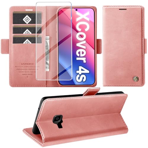 Giyer Funda para Samsung Galaxy Xcover 4S con protector de pantalla, funda de piel sintética con tapa y tarjetero para Samsung Xcover 4S/4 Tache (rosa)