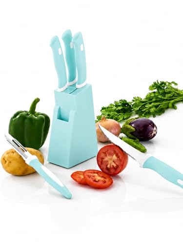 Image of 5-Piece Kitchen Knife Set with Stand, Stainless Steel Blades, Includes Peeler, 14x9x4 cm Block Multicolour