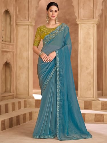 Image of AKHILAM Women's Satin Sequence Embroidery Saree With Unstitched Blouse Piece(SNDLWOD1601 TFH Parent)