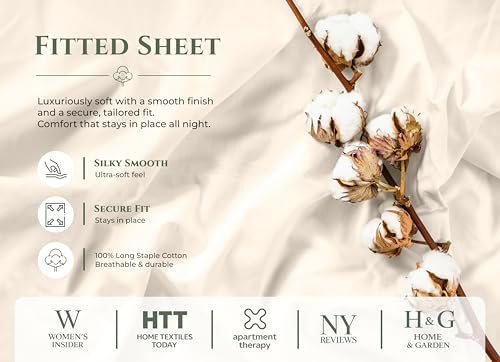 Image of Royale Linens 100% Organic Cotton Full Fitted Sheet Only - Percale Weave - Super Soft Deep Pocket Bottom Sheets - Cream Elastic Sheet - Full Size Fitted Sheets Only - (54 inchx75 inch+15 inch, Cream)