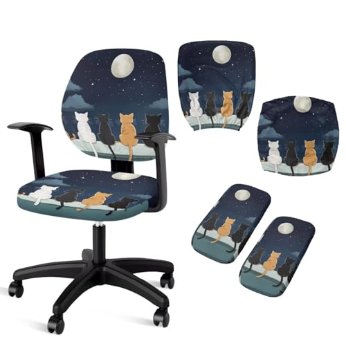 Cugasmaru Cat Night Desk Chair Arm Covers Office Chair Covers Chairs Cover Stretchable 4-Pc Set Soft Universal Protective Seat Cover with Armrest Pads for Game and PC Chairs