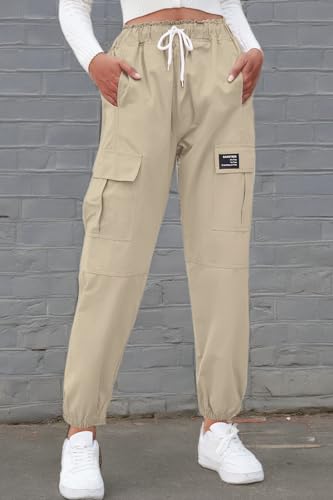 SANGTREE Girls Cargo Pants,Elastic Waist Drawstring Loose Tapered Multi Pockets Cargo Jogger Pants for Girl,Khaki,3-4T=Tag 110