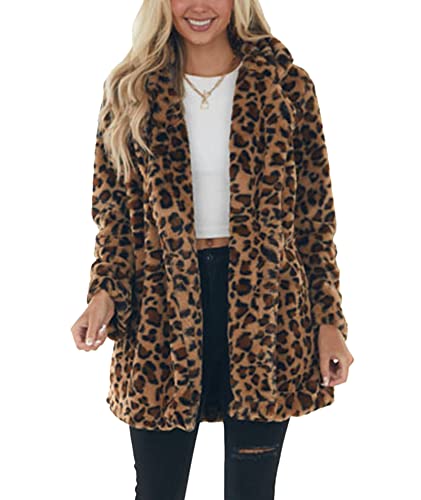 Sexyshine Women's Leopard Print Faux Fur Coat Winter Fall Lapel Collar Fuzzy Fleece Fur Jackets with Pockets