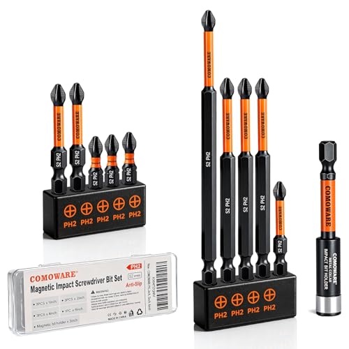 COMOWARE 11pcs Phillips Impact Screwdriver Drill Bits #2, S2 Steel 1/4" Hex Bit Set, Anti Slip Screwdriver Bits, 1-6" Length, CNC Tip Magnetic Drill Bit Magnetic Bit Holder for Power Drill