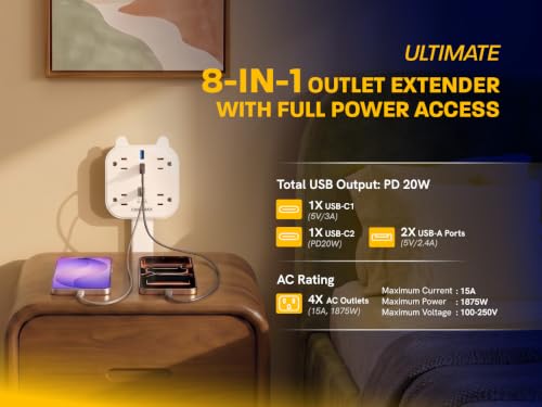 Canamax Extensión con Enchufe Giratorio 360°, 4 Tomas AC, 2 USB-C y 2 USB-A, Brazo Telescópico Ajustable 18 a 27 pulgadas miniatura 3