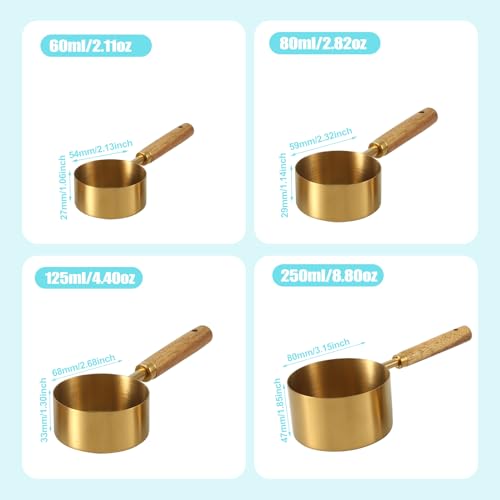 PEUTIER 4 Stück Messbecher für Hundefutter, 4 Größen und Kapazität Messbecher für Tiernahrung mit Holzgriff Messbecher aus Edelstahl Spülmaschinenfest Futterschaufel für Hundefutter (Gold)
