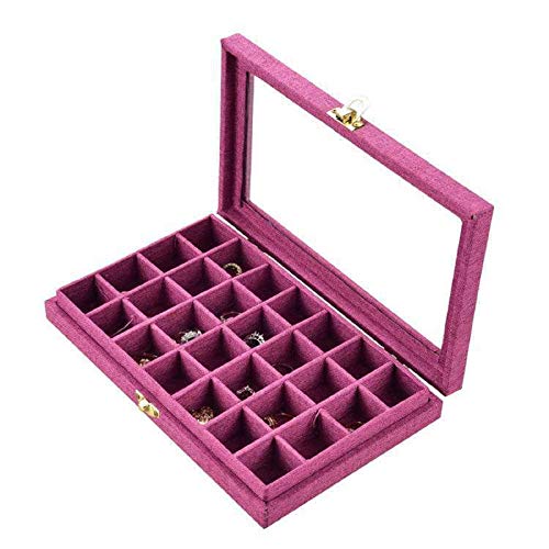 Wakerda Schmucklade Schmuckkasten mit Glasdeckel Schmuckkästchen Schmuckdisplay 28 Fächer Aufbewahrung Organizer für Ringe, Ohrringe, Manschettenknöpfe (Rose Red) Cover