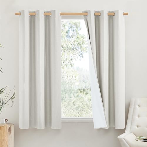 NICETOWN Linen Blackout Curtains for Kitchen, Ivory, 2 Panels, 42" Wide x 63" Long, Short Kitchen Burlap Linen 100% Blackout Drape Panels for Night Sh