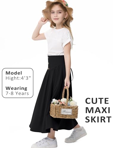 Image of Girl Maxi Skirt Elastic High Waist A-Line Long Skirt Smocked Waistband with Drawstring and Pockets 3-12 Years