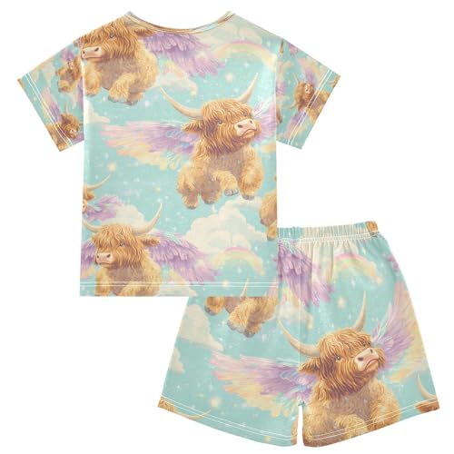 senya Highland Cattle with Wings Summer Pajamas Set Short Cotton Sleepwear 2 Piece2