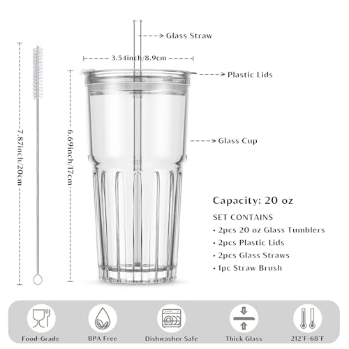 Image of INSETLAN 20oz Clear Glass Cups & Tumbler Set with Lids & Straws - 2-Pack, Reusable Drinking Cups for Iced Coffee, Smoothies, Tea, Juice, Leak-Proof, Spill-Proof, Ideal for Home and Outdoor Use