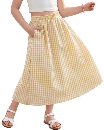 Langyiwee Girls Gingham Maxi Skirt with Pockets 5-16Y Plaid High Waist A Line Casual Bow Long Skirt Kids Summer Swing Outfits(7-8 Years Light Yellow)