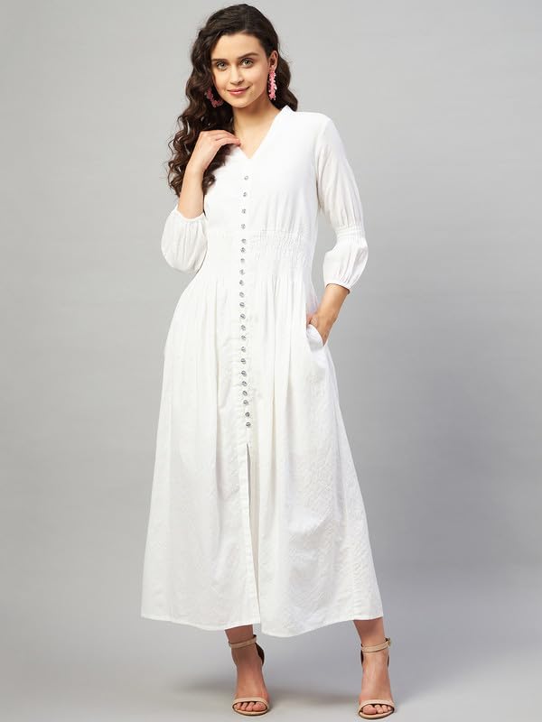 Image of Aaheli Women's Kanta Cotton Western Dress | Striped Long Flared Dress with V-Neck & Full Sleeves | Soft, Breathable Fabric | Casual, Office & Everyday Wear | OFFWHITE, 3XL