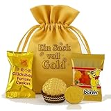 Ein Sack voll Gold – wiederverwendbarer Satin-Geschenkbeutel mit lustigem Aufdruck als Geld-Geschenk mit goldenen Leckereien & befüllbarem Goldbarren, Größe S