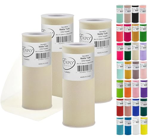 Expo International Decorative Matte Tulle, Lightweight Polyester Tulle Fabric for Tutus, Costumes, and Party Decorations, Washable, Easy-to-Use, 6 Inch x 25 Yards (Pack of 4), Ivory