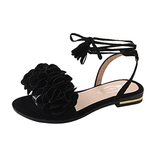 Sommer bunt Falten Blumen Sandalen, Amlaiworld Damen Mode Römisch Strand Schuhe Party Freizeit elegant Zehentrenner Stilvoll Quaste Band Böhmen Slipper Coole Outdoor flach Hausschuhe (37, Schwarz) Cover