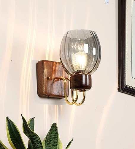 Green House Handmade Sheesham Wood Wall Light/Lamp with Gold Plated Metal Bands, Brass Rivets, Black Smoke Glass, E27 Bulb Base(Bulb not Included) for Home/Bedroom/Living Room/Hallway